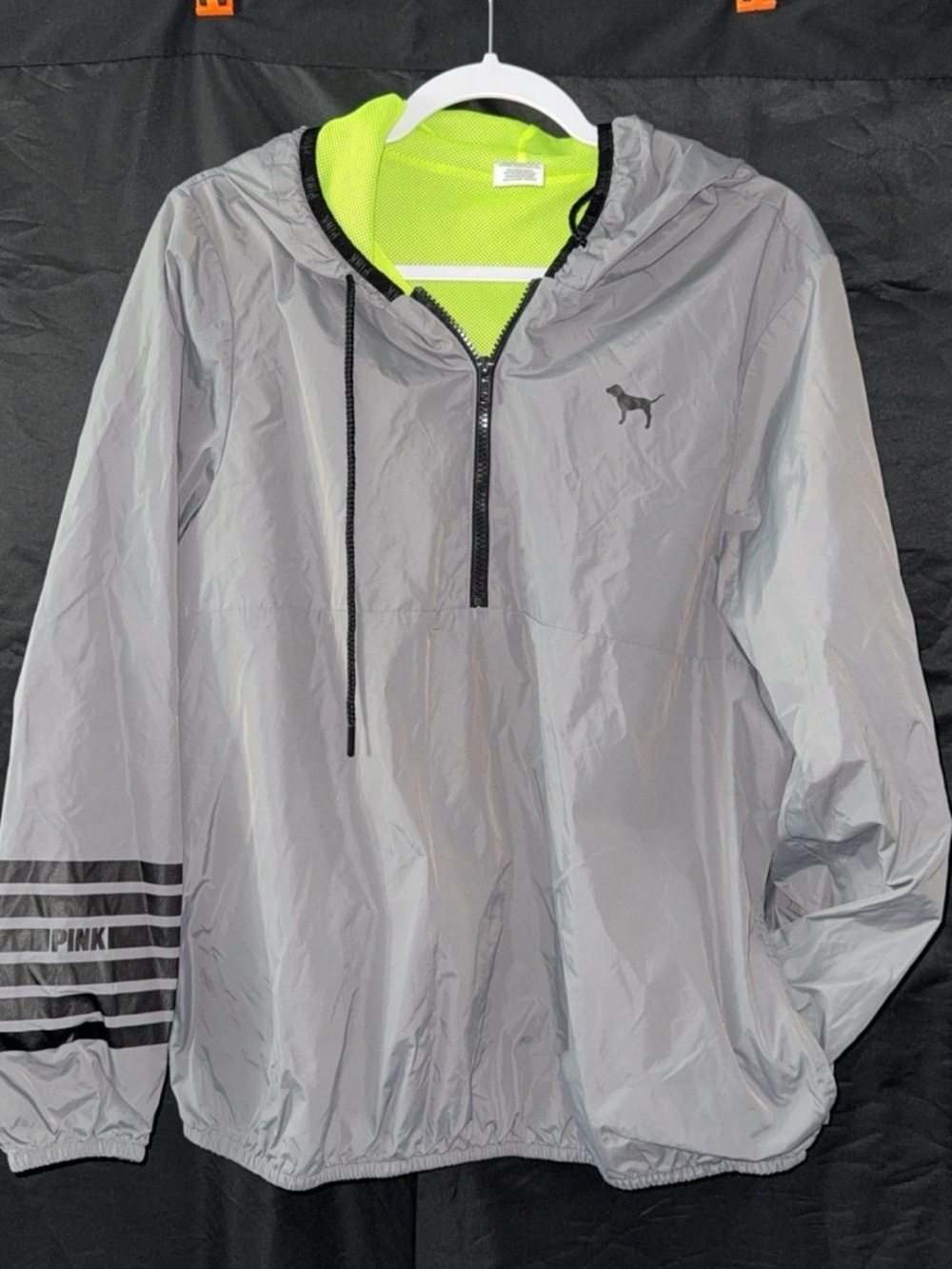 PINK Victoria's Secret Gray Windbreaker with Neon Lime Lining